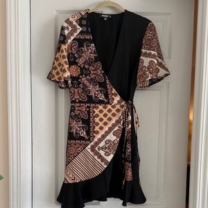 Missguided Black, Tan & Cream Patchwork Wrap Midi Dress